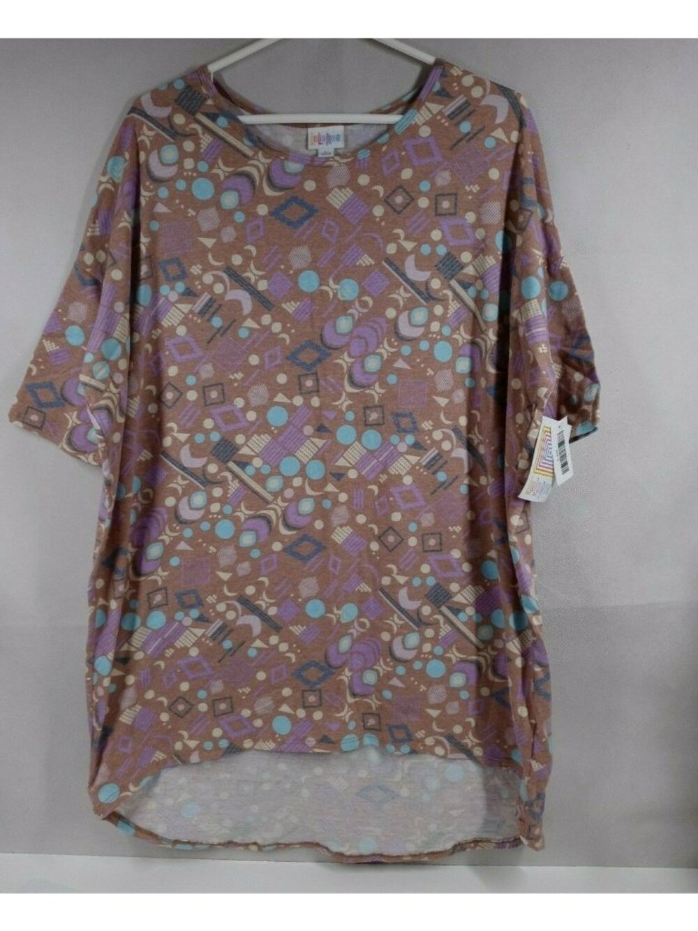 NWT Lularoe Irma Tunic Light Brown With Colorful Geometric Designs Size Large